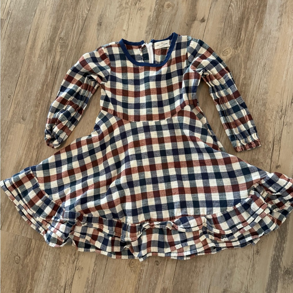 Girls' Plaid Long-Sleeve Dress in Blue, White & Brown